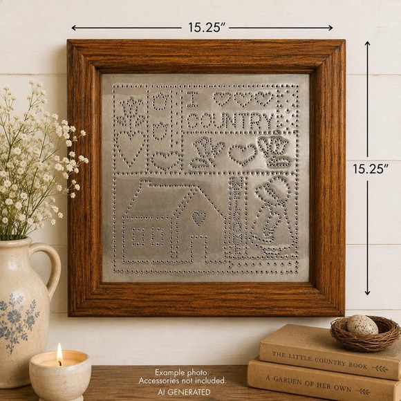Other - Vintage Cottagecore Farmhouse Country Hand Punched Tin Wall Art Framed "Welcome"